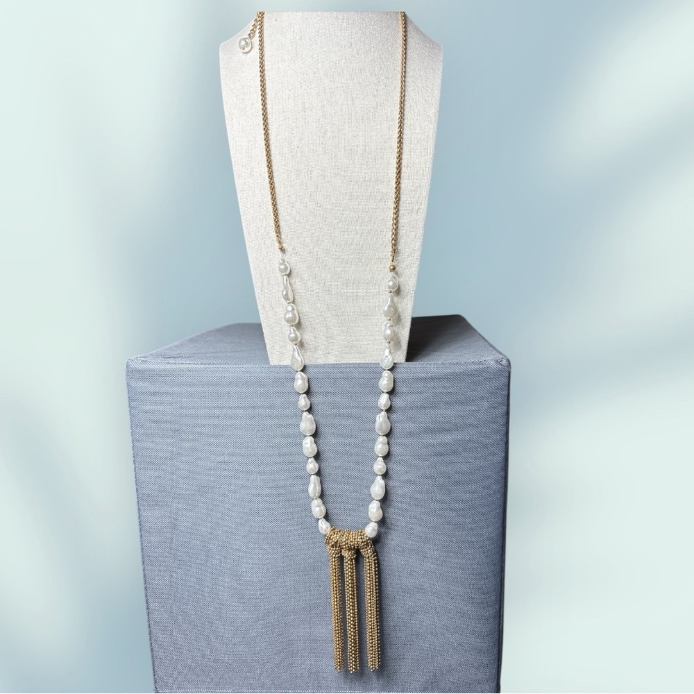 Chico's Joy Cold Faux Pearl Pendant Tassel Necklace.